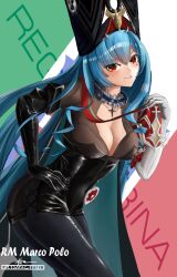 Rule 34 | 1girl, absurdres, artist name, asymmetrical gloves, azur lane, black dress, black gloves, black hat, black pants, blue hair, breasts, character name, choker, cleavage, cowboy shot, cross, cross necklace, dress, english text, frilled choker, frills, from side, gloves, hair between eyes, hand on own hip, hat, highres, italian flag, italian text, jewelry, latex, leaning forward, long hair, looking at viewer, marco polo (azur lane), medium breasts, microdress, mismatched gloves, necklace, pants, red eyes, ronal 1710, solo, very long hair, white gloves