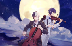 Rule 34 | 2boys, alfred (bjyayl), black hair, black neckwear, blue neckwear, bow, bow (music), bowtie, cello, chinese commentary, closed mouth, cloud, commentary, closed eyes, formal, highres, instrument, mixed-language commentary, moon, multicolored hair, multiple boys, music, necktie, night, night sky, outdoors, playing instrument, purple hair, sky, smile, traditional bowtie, violin, vocaloid, vsinger, white hair, yuezheng longya, zhiyu moke