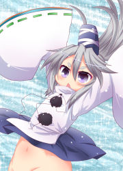 Rule 34 | 1girl, :&lt;, bottomless, grey eyes, hat, hat ribbon, long hair, long sleeves, mononobe no futo, muuba, navel, open mouth, out-of-frame censoring, ponytail, ribbon, shirt, silver hair, solo, touhou, wide sleeves