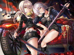 Rule 34 | 2girls, ahoge, artoria pendragon (all), artoria pendragon (fate), belt, black dress, black ribbon, black shorts, blonde hair, braid, breasts, cityscape, commentary request, couch, dark persona, dress, excalibur morgan (fate), fate/grand order, fate (series), french braid, gothic lolita, hair bun, himuro shunsuke, holding, holding sword, holding weapon, jeanne d&#039;arc (fate), jeanne d&#039;arc alter (fate), jeanne d&#039;arc alter (ver. shinjuku 1999) (fate), jewelry, large breasts, lolita fashion, motor vehicle, motorcycle, multiple girls, necklace, night, night sky, official alternate costume, ribbon, saber (fate), saber alter, saber alter (ver. shinjuku 1999) (fate), short hair, shorts, silver hair, single hair bun, sky, sword, thighs, tsurime, weapon, white belt, wicked dragon witch ver. shinjuku 1999, yellow eyes