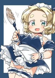 Rule 34 | 1girl, apron, blonde hair, choker, croixsan, duster, feather duster, female focus, flat chest, green eyes, maid apron, maid headdress, open mouth, original, panties, panty peek, parted bangs, solo, strapless, underwear