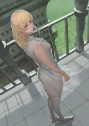 Rule 34 | 1girl, absurdres, ass, bad id, bare shoulders, blonde hair, blue eyes, blush, breasts, castle, dress, earrings, hair ribbon, highres, jewelry, jittsu, long hair, looking at viewer, looking back, medium breasts, no panties, original, ribbon, see-through, sleeveless, solo, standing, white background