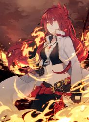 Rule 34 | 1girl, blazing heart (elsword), breasts, cleavage, coat, commission, elesis (elsword), elsword, fire, highres, jewelry, lilianei, long hair, medium breasts, navel, necklace, ponytail, red eyes, red hair, sky, solo, upper body