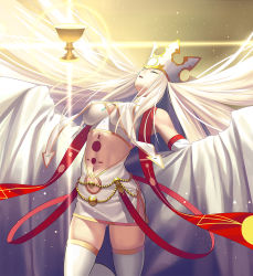 Rule 34 | 1girl, bare shoulders, breasts, chalice, cleavage, closed eyes, crown, cup, detached sleeves, dress of heaven, fate/grand order, fate (series), glowing, chalice, holy grail, impossible clothes, irisviel von einzbern, irisviel von einzbern (caster), jewelry, large breasts, long hair, md5 mismatch, navel, necklace, open mouth, skindentation, solo, thighhighs, tsukikanade, white hair, wide sleeves