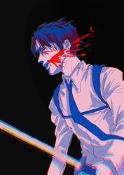 Rule 34 | 1boy, amu75493858, black background, black eyes, black hair, bleeding, blood, blood on face, chainsaw man, chromatic aberration, collared shirt, cuts, glitch, highres, injury, kishibe (chainsaw man), kishibe (young) (chainsaw man), long sleeves, looking at viewer, messy hair, necktie, open mouth, shirt, short hair, sleeves past elbows, solo, suspenders, sword, weapon, white shirt, aged down