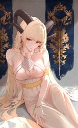 Rule 34 | 1girl, bare shoulders, blonde hair, bracelet, breasts, brown horns, cross, cross earrings, curled horns, dress, earrings, highres, horns, jewelry, large breasts, leria v, looking at viewer, mole, mole on breast, original, parted lips, red eyes, sitting, solo, white dress