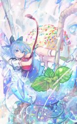 Rule 34 | 1girl, :q, blue eyes, blue hair, bow, cirno, cyasha, dress, drinking straw, food, glint, hair bow, highres, ice, looking at viewer, mini person, minigirl, puffy short sleeves, puffy sleeves, short sleeves, socks, solo, sparkle, tongue, tongue out, touhou, white socks, wings