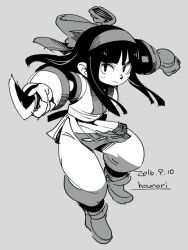 Rule 34 | 1girl, ainu clothes, bow, closed mouth, dated, full body, gloves, greyscale, hair bow, hairband, hounori, knife, long hair, looking at viewer, monochrome, nakoruru, samurai spirits, simple background, solo, weapon