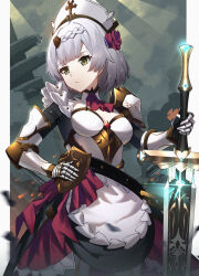 Rule 34 | 1girl, apron, armor, ascot, braid, breasts, closed mouth, commentary, dunggeul dunggeul, flower, genshin impact, greatsword, green eyes, hair flower, hair ornament, hand on own hip, highres, holding, holding weapon, looking afar, maid, maid apron, maid headdress, medium breasts, noelle (genshin impact), red ascot, red flower, red rose, rose, short hair, shoulder armor, solo, sword, upper body, weapon