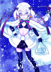 Rule 34 | 1girl, bell, black gloves, black thighhighs, boots, cape, elbow gloves, fate/grand order, fate (series), gift bag, gloves, hand on own hip, helmet, hizuki aya, jeanne d&#039;arc (fate), jeanne d&#039;arc alter (fate), jeanne d&#039;arc alter santa lily (fate), sack, silver hair, snowing, solo, thighhighs, yellow eyes