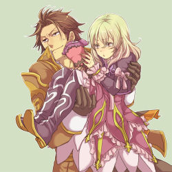 Rule 34 | 1boy, 1girl, 9wa, alvin (tales), black gloves, blonde hair, boots, bow, brown eyes, brown hair, carrying, coat, creature, dress, elize lutus, frills, gloves, green background, princess carry, purple footwear, ribbon, sweat, tales of (series), tales of xillia, teepo (tales), thigh boots, thighhighs, yellow eyes