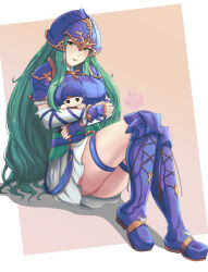 Rule 34 | 1girl, aqua hair, armor, ass, blue footwear, blue headwear, boots, border, breasts, brown background, character doll, commentary, detached sleeves, english commentary, eyelashes, fire emblem, fire emblem: path of radiance, full body, gold trim, green eyes, helmet, highres, holding, holding stuffed toy, ike (fire emblem), knee boots, large breasts, long hair, nephenee (fire emblem), nintendo, rinku bny, signature, skirt, solo, stuffed toy, white border, white skirt