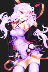 Rule 34 | 1girl, ;d, bare shoulders, coracola, criss-cross halter, hair ornament, halterneck, highres, hood, hooded jacket, jacket, long hair, looking at viewer, one eye closed, open mouth, purple eyes, purple hair, purple thighhighs, simple background, smile, solo, thighhighs, twintails, vocaloid, voiceroid, wink, yuzuki yukari, zettai ryouiki