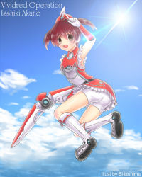 Rule 34 | 1girl, ahoge, artist name, ass, bad id, bad pixiv id, brown hair, character name, cloud, copyright name, day, full body, gloves, hat, isshiki akane, magical girl, palette suit, shizuhime, short hair, short twintails, shorts, sky, smile, solo, twintails, vividred operation