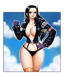 1girl black_hair black_jacket black_panties blue_eyes blush blush_stickers breasts center_opening cleavage clenched_hand collared_jacket forehead garter_straps gloves hand_on_own_hip iury_padilha jacket large_breasts latex latex_jacket leather leather_jacket long_hair long_sleeves navel nico_robin nico_robin_(egghead) one_piece open_clothes open_jacket open_mouth orange_thighhighs panties purple_gloves radio_antenna revision smile solo standing teeth thighhighs underwear upper_teeth_only