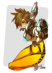 Rule 34 | 1girl, bodysuit, breasts, brown hair, dual wielding, freckles, full body, goggles, gun, handgun, holding, hong (white spider), looking at viewer, medium breasts, overwatch, overwatch 1, pistol, short hair, signature, smile, solo, thighs, tracer (overwatch), weapon