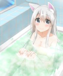 Rule 34 | 1girl, animal ears, bad id, bad pixiv id, bath, bathing, bathtub, blush, breasts, cacao (cacao0809), cat ears, cleavage, collarbone, highres, long hair, nude, original, partially submerged, grey eyes, silver hair, sitting, smile, solo, water