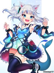 1girl alternate_costume animal_ears black_choker black_thighhighs blue_eyes blue_hair blunt_bangs cat_ears cawang choker fins fish_tail gawr_gura highres hololive hololive_english looking_at_viewer multicolored_hair open_mouth shark_tail sharp_teeth short_hair side_ponytail smile solo tail teeth thighhighs twitter_username two-tone_hair virtual_youtuber white_hair