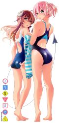 Rule 34 | 2girls, adjusting clothes, adjusting swimsuit, ahoge, barefoot, black one-piece swimsuit, blue eyes, blue one-piece swimsuit, brown eyes, chiyoda momo, chuutaro metal, competition swimsuit, curled horns, demon girl, demon horns, demon tail, from behind, highres, horns, logo, long hair, machikado mazoku, multiple girls, one-piece swimsuit, open mouth, pink hair, short hair, simple background, standing, swimsuit, tail, white background, yoshida yuuko (machikado mazoku)