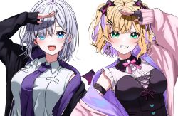 Rule 34 | 2girls, amopui, arm strap, black gloves, black jacket, blonde hair, blue eyes, bodice, bow, bowtie, breasts, collared shirt, commentary, earrings, fangs, fingerless gloves, gloves, green eyes, hair bow, hair ornament, hairclip, highres, iris black games, jacket, jewelry, kaga sumire, kurumi noah, looking at viewer, lupinus virtual games, medium breasts, multicolored hair, multiple girls, nail polish, necktie, open mouth, pink hair, pink jacket, purple necktie, salute, shirt, short hair, simple background, sleeveless, sleeveless shirt, smile, teeth, two-tone hair, two side up, upper body, v-shaped eyebrows, virtual youtuber, vspo!, white background, white shirt, wings