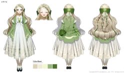 Rule 34 | 1girl, 2021, absurdres, arms at sides, bag, bow, braid, character request, character sheet, closed mouth, clover, clover hair ornament, color guide, commission, copyright notice, dress, frills, from behind, full body, green bag, green eyes, hair bow, hair ornament, handbag, highres, long hair, looking at viewer, mary janes, mono (mono zzz), multiple views, open mouth, original, platinum blonde hair, shoes, shoulder bag, simple background, socks, standing, turnaround, twitter username, white background