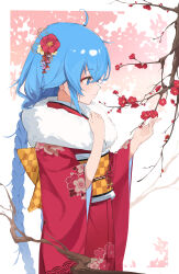 1girl absurdres ahoge blue_eyes blue_hair border braid cherry_blossom_print cherry_blossoms cowboy_shot earrings eyeshadow floral_print flower from_side fur-trimmed_kimono fur_trim hair_between_eyes hair_flower hair_ornament hands_up highres japanese_clothes jewelry kimono long_hair looking_ahead makeup mushoku_tensei obi orange_sash outside_border parted_lips print_kimono red_eyeshadow red_flower red_kimono roxy_migurdia sash sidelocks solo stud_earrings tenkiraku twin_braids very_long_hair white_border wide_sleeves