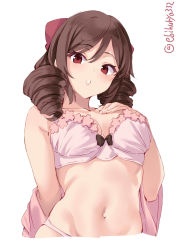 Rule 34 | 1girl, :o, bow, bra, breasts, brown hair, collarbone, drill hair, ebifurya, hair between eyes, hair bow, hand on own chest, harukaze (kancolle), highres, japanese clothes, kantai collection, kimono, long hair, looking at viewer, medium breasts, navel, one-hour drawing challenge, open clothes, open kimono, panties, pink bra, pink kimono, pink panties, red bow, red eyes, simple background, solo, twin drills, twitter username, underwear, white background