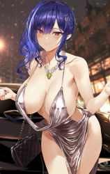 Rule 34 | azur lane, backless dress, backless outfit, bag, bare shoulders, blue hair, blush, breasts, building, car, center opening, cleavage, closed mouth, collarbone, cowboy shot, dress, earrings, evening gown, hair between eyes, hair ornament, halter dress, halterneck, handbag, highres, hiiragi yuuichi, huge filesize, jewelry, large breasts, leaning forward, looking at viewer, motor vehicle, nail polish, necklace, night, night sky, official alternate costume, plunging neckline, purple eyes, purple nails, revealing clothes, side ponytail, sidelocks, silver dress, sky, smile, solo, st. louis (azur lane), st. louis (luxurious wheels) (azur lane), thighs, undressing