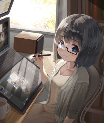 Rule 34 | 1girl, black hair, blue eyes, blush, breasts, brown dress, closed mouth, collarbone, commentary request, cup, day, drawing tablet, dress, glasses, grey jacket, hand up, highres, holding, holding stylus, indoors, jacket, keyboard (computer), long sleeves, looking at viewer, mimikaki (men bow), monitor, mug, open clothes, open jacket, original, recursion, small breasts, smile, solo, stylus, sunlight, table, window