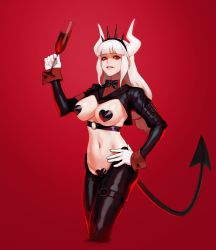 Rule 34 | 1girl, absurdres, bad id, bad pixiv id, black tail, breasts, cameltoe, cleavage, demon girl, demon horns, demon tail, dgk, gloves, heart pasties, helltaker, highres, horns, looking at viewer, lucifer (helltaker), maebari, meme attire, mole, mole under eye, navel, pasties, red background, revealing clothes, reverse bunnysuit, reverse outfit, simple background, tail, white gloves, white horns