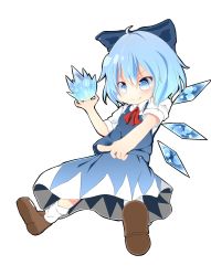 Rule 34 | 1girl, akisha, bad id, bad pixiv id, blue eyes, blue hair, bow, cirno, dress, female focus, hair bow, ice, ice wings, matching hair/eyes, ribbon, short hair, smile, solo, touhou, white background, wings
