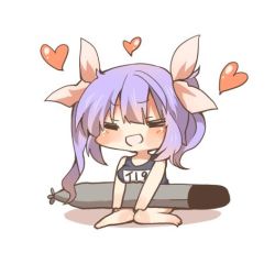 Rule 34 | 10s, 1girl, bad id, bad twitter id, blush, chibi, closed eyes, heart, i-19 (kancolle), kantai collection, lowres, name tag, open mouth, purple hair, rebecca (keinelove), ribbon, short hair, simple background, smile, solo, torpedo, twintails, white background