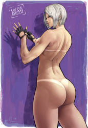 Rule 34 | 1girl, adjusting clothes, adjusting gloves, angel (kof), artist name, black gloves, blue eyes, coffeebeanbrush, fingerless gloves, gloves, jacket, lips, looking back, muscular, muscular female, nude, panties, pants, short hair, snk, solo, tan, tanline, the king of fighters, thighs, toned, underwear, white hair