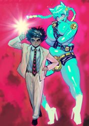 Rule 34 | 1boy, 1girl, animal ears, black hair, blue skin, breasts, buckle, cat ears, colored skin, cosplay, dekkano!!, formal, gloves, heart, height difference, highres, huge breasts, jojo no kimyou na bouken, killer queen, killer queen (cosplay), kira yoshikage, kira yoshikage (cosplay), looking at viewer, midriff, mucchan, navel, necktie, original, short shorts, shorts, sketch, stand (jojo), suit, suzurikawa sasha, synecdoche, thick arms, thumbs up