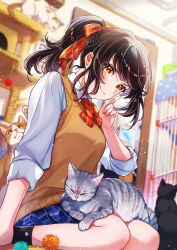 Rule 34 | 1girl, :3, black hair, bow, bowtie, brown eyes, cat, cat tower, diagonal-striped bow, diagonal-striped bowtie, diagonal-striped clothes, hair ribbon, highres, original, red bow, red bowtie, ribbon, school uniform, shinishi chiho, skirt, sleeves rolled up, striped clothes
