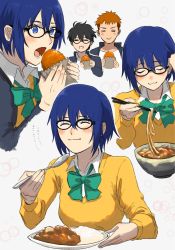 Rule 34 | 1girl, 2boys, adjusting hair, black-framed eyewear, black hair, blue eyes, blue hair, blue jacket, blush, bow, bowtie, bread, breasts, cardigan, chopsticks, ciel (tsukihime), closed eyes, closed mouth, collared shirt, commentary request, curry, curry bread, curry rice, curry udon, eating, fingernails, food, food in mouth, glasses, green bow, green neckwear, hair between eyes, highres, holding, holding chopsticks, holding food, holding spoon, inui arihiko, jacket, long sleeves, medium breasts, mizutaki yakko, multiple boys, multiple views, open clothes, open jacket, open mouth, orange hair, rice, school uniform, shirt, short hair, smile, spoon, tohno shiki, tongue, tsukihime, tsukihime (remake), uniform, white shirt, yellow cardigan