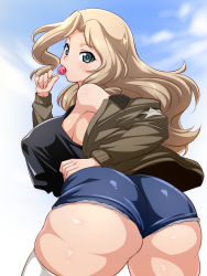 Rule 34 | 10s, 1girl, ass, back, bad id, bad pixiv id, bare shoulders, blonde hair, blue eyes, blush, breasts, candy, covered erect nipples, curvy, denim, denim shorts, food, girls und panzer, hand on own hip, highres, jacket, kay (girls und panzer), large breasts, lollipop, long hair, looking at viewer, looking back, maeda r44, off shoulder, shorts, solo, tank top, thick thighs, thighhighs, thighs, white thighhighs, wide hips