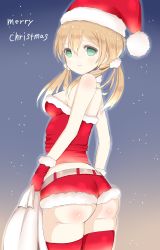Rule 34 | 10s, 1girl, aririn, ass, belt, blonde hair, blush, body blush, detached collar, gloves, gradient background, green eyes, hat, highres, holding, kantai collection, long hair, looking at viewer, merry christmas, outline, prinz eugen (kancolle), red gloves, red thighhighs, sack, santa costume, santa hat, short shorts, shorts, skindentation, smile, snow, solo, thighhighs, tounyu melon, twintails
