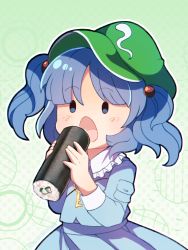 Rule 34 | 1girl, blue eyes, blue hair, chibi, commentary request, dungeon toaster, ehoumaki, food, frilled shirt collar, frills, hair bobbles, hair ornament, hat, highres, holding, holding food, kawashiro nitori, key, makizushi, simple background, solo, sushi, touhou, two side up, white background, ||/