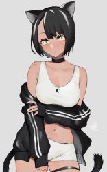 Rule 34 | 1girl, animal ears, asymmetrical bangs, bad id, bad twitter id, bare shoulders, black choker, black hair, black jacket, blush, boyshort panties, breasts, cat ears, cat girl, cat tail, choker, closed mouth, collarbone, commentary request, contrapposto, cowboy shot, crescent, dark-skinned female, dark skin, double vertical stripe, grey background, hand on own arm, highres, jacket, long sleeves, looking at viewer, medium breasts, mole, mole on shoulder, multicolored hair, navel, off shoulder, open clothes, open jacket, original, short hair, shorts, signature, simple background, sleeves past wrists, solo, sports bra, streaked hair, tail, thigh strap, track jacket, uni (melm), white hair, white shorts, yellow eyes