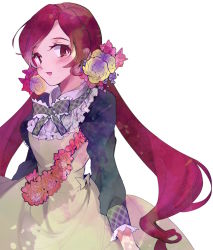 Rule 34 | 10s, 1girl, bad id, bad pixiv id, chuong, colored eyelashes, dress, eyelashes, flower, hair flower, hair ornament, hanasaki tsubomi, heartcatch precure!, highres, long hair, pink eyes, pink hair, precure, rose, smile, solo, twintails, white background, yellow flower, yellow rose