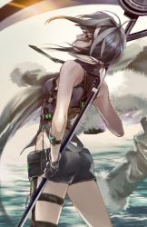 Rule 34 | 1girl, ahoge, arknights, black hair, black shorts, bow, cowboy shot, feather hair, from behind, fur-trimmed jacket, fur-trimmed sleeves, fur trim, gloves, hair bow, highres, holding, holding scythe, infection monitor (arknights), jacket, la pluma (arknights), ocean, okome (okome9219), scythe, short hair, short shorts, shorts, thigh strap