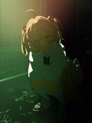 Rule 34 | + +, 1girl, 3d, ahoge, bag, bathroom, blender (medium), blonde hair, bow, bowtie, bright pupils, cigarette, cigarette pack, closed mouth, dark, expressionless, flower, full body, green theme, hair flower, hair ornament, hand on own cheek, hand on own face, hands up, head rest, highres, hood, hoodie, indoors, kneehighs, looking at viewer, medium hair, multicolored eyes, multicolored hair, orange hair, pink eyes, purple eyes, rinne (rinrinne), rinrinne, rinrinne39 (artist), school bag, shoes, shoulder bag, sneakers, socks, solo, split mouth, squatting, streaked hair, two side up, virtual youtuber, white hoodie, white pupils
