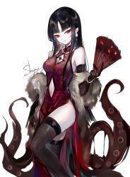 Rule 34 | 1girl, artist name, black gloves, black hair, black thighhighs, breasts, china dress, chinese clothes, clothing cutout, commentary, cthulhu mythos, dress, earrings, elbow gloves, feather boa, gloves, highres, holding, jewelry, long hair, looking at viewer, medium breasts, navel, navel cutout, original, red dress, red eyes, sheya, signature, sleeveless, sleeveless dress, smile, solo, tentacles, thighhighs, thighs, very long hair