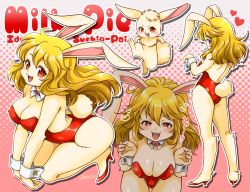 Rule 34 | animal ears, backless leotard, blonde hair, breasts, character name, cleavage, copyright name, covered erect nipples, detached collar, furry, furry female, halftone, halftone background, heart, high heels, highres, idol janshi suchie-pai, large breasts, leaning forward, leotard, long hair, looking at viewer, milky-pai, miru (mill 36), multiple views, open mouth, outline, playboy bunny, rabbit ears, rabbit tail, red eyes, red footwear, red leotard, standing, strapless, strapless leotard, tail, white outline, wrist cuffs