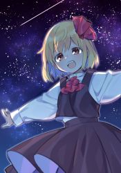 Rule 34 | 1girl, :d, akagashi hagane, ascot, backlighting, black skirt, black vest, blonde hair, commentary, cowboy shot, fangs, from below, hair ornament, hair ribbon, half-closed eyes, long sleeves, looking at viewer, night, night sky, open mouth, outdoors, outline, outstretched arms, pleated skirt, red ascot, red eyes, red ribbon, ribbon, rumia, shirt, shooting star, short hair, skirt, skirt set, sky, smile, solo, spread arms, star (sky), tareme, teeth, touhou, upper teeth only, vest, white shirt