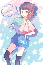Rule 34 | 1girl, bad id, bad pixiv id, black thighhighs, blush, brown hair, collarbone, denim, denim shorts, double bun, dutch angle, hair bun, hand fan, hand on own hip, holding, holding fan, looking at viewer, nanohana kohina, off shoulder, open mouth, original, over-kneehighs, paper fan, purple eyes, shorts, sketch, solo, standing, thighhighs, thought bubble, uchiwa