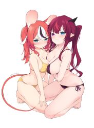 Rule 34 | 2girls, absurdres, animal ears, black hair, blue eyes, blush, breasts, breasts squeezed together, hair between eyes, hakos baelz, heterochromia, highres, hololive, hololive english, horns, irys (hololive), large breasts, long hair, looking at viewer, medium hair, mouse ears, mouse girl, mouse tail, multicolored hair, multiple girls, namiorii, ponytail, purple eyes, purple hair, red hair, shy, streaked hair, swimsuit, tail, two-tone hair, virtual youtuber, white background, white hair