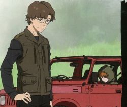 Rule 34 | 1boy, 1girl, age difference, aida kensuke, animal ears, beard, brown hair, car, cat ears, close-up, evangelion: 3.0+1.0 thrice upon a time, eyepatch, facial hair, glasses, gloves, green jacket, hand on own hip, handheld game console, hood, hood up, jacket, jeep, motor vehicle, neon genesis evangelion, official art, pocket, rebuild of evangelion, sitting, souryuu asuka langley, standing, studio khara, third-party edit