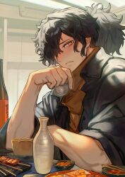 Rule 34 | 1boy, alcohol, black hair, blush, choko (cup), cup, facial hair, fate/grand order, fate (series), frown, hair over one eye, highres, holding, holding cup, japanese clothes, lack, male focus, okada izou (fate), orange eyes, ponytail, sake, skewer, solo, stubble, upper body